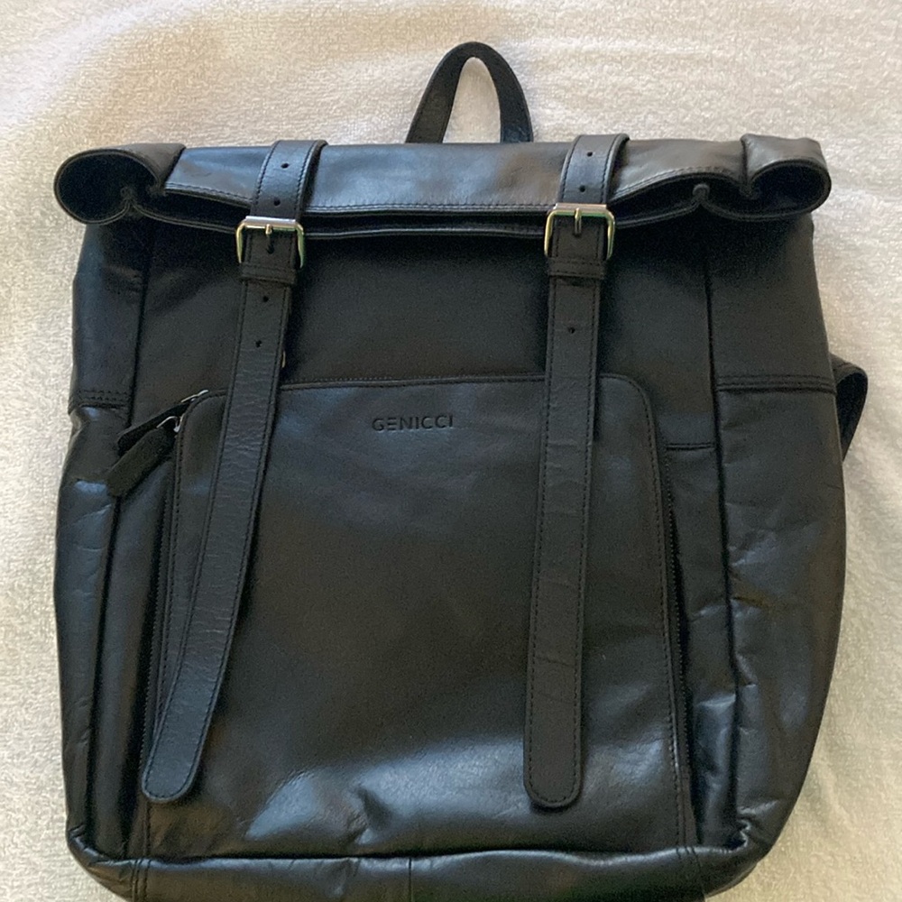 Super sleek black leather bag laptop whatever your needs backpack never used